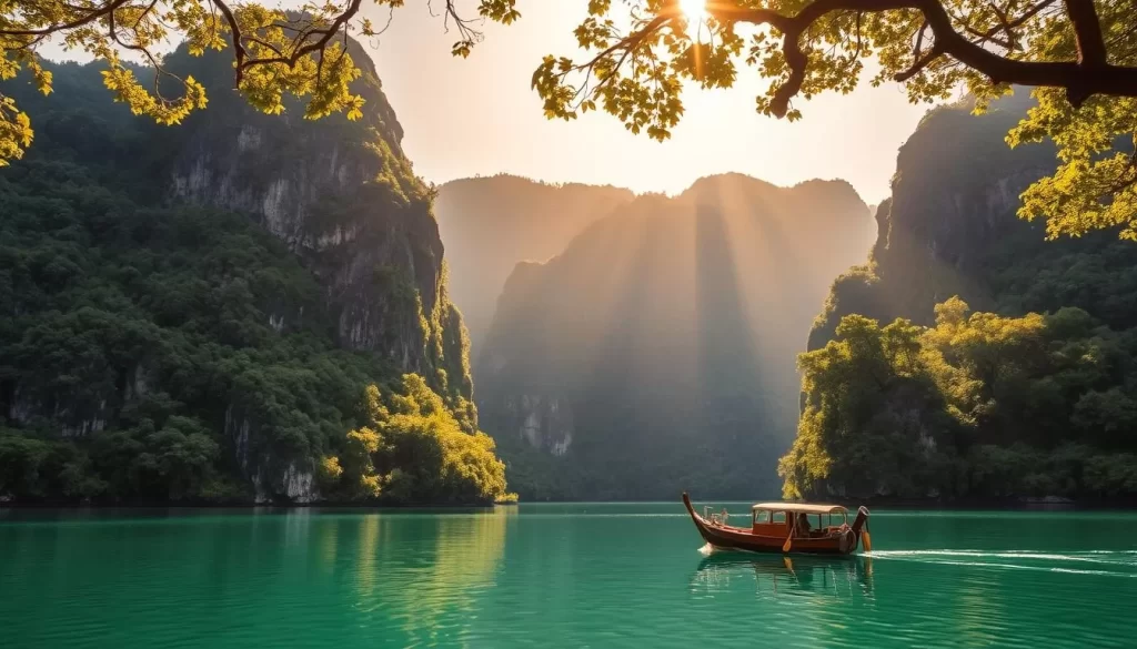 A lush, verdant landscape of towering limestone cliffs, emerald-green forests, and shimmering turquoise lakes under a warm, golden sun. Majestic mountains frame the scene, creating a serene and tranquil atmosphere. In the foreground, a small wooden boat glides across a still, mirror-like lake, reflecting the surrounding natural beauty. Dappled sunlight filters through the canopy of ancient trees, casting a gentle, ethereal glow over the entire tableau. The overall mood is one of peaceful serenity, inviting the viewer to immerse themselves in the natural wonder of Khao Sok National Park during the best time of year to visit.