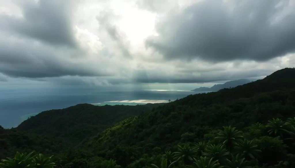 A lush, verdant landscape set against a moody, overcast sky. Rolling hills and dense tropical foliage in the foreground, with a glimpse of the shimmering turquoise waters of the Andaman Sea in the distance. Dramatic storm clouds gather, casting dramatic shadows and hints of sunlight breaking through. The air is thick with the scent of rain, and the mist obscures the horizon, creating a sense of mystery and tranquility. A wide-angle lens captures the scale and grandeur of the scene, with a cinematic, almost dreamlike quality to the lighting and composition.