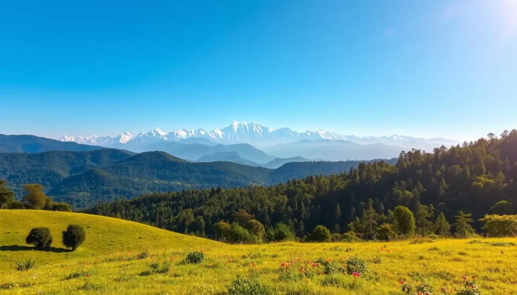 A lush, verdant landscape showcasing the diverse climate zones of West Bengal, India. In the foreground, a sun-dappled meadow with vibrant wildflowers and rolling hills. In the middle ground, dense, towering forests with a variety of tree species. In the distance, snow-capped Himalayan peaks rise majestically against a clear, azure sky. The scene is bathed in warm, golden sunlight, creating a serene and picturesque atmosphere. Capture the stunning natural beauty and geographical variety that defines the climate of this enchanting region.