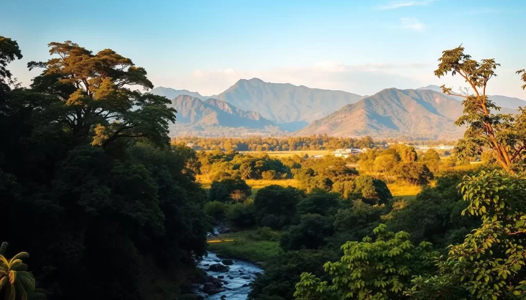 A lush, verdant landscape showcasing the natural beauty of Togo's national parks. In the foreground, Sarakawa Park's towering trees and flowing streams take center stage, inviting exploration. The middle ground features other renowned parks like Fazao-Malfakassa and Fosse aux Lions, each with its distinct flora and fauna. The background is dominated by the majestic Atakora mountains, casting a serene, awe-inspiring atmosphere. The scene is illuminated by warm, golden sunlight, creating a picturesque moment that captures the essence of Togo's natural wonders. A wide-angle lens captures the panoramic scale, allowing the viewer to appreciate the diverse ecosystems and stunning vistas that define the country's protected wilderness areas.