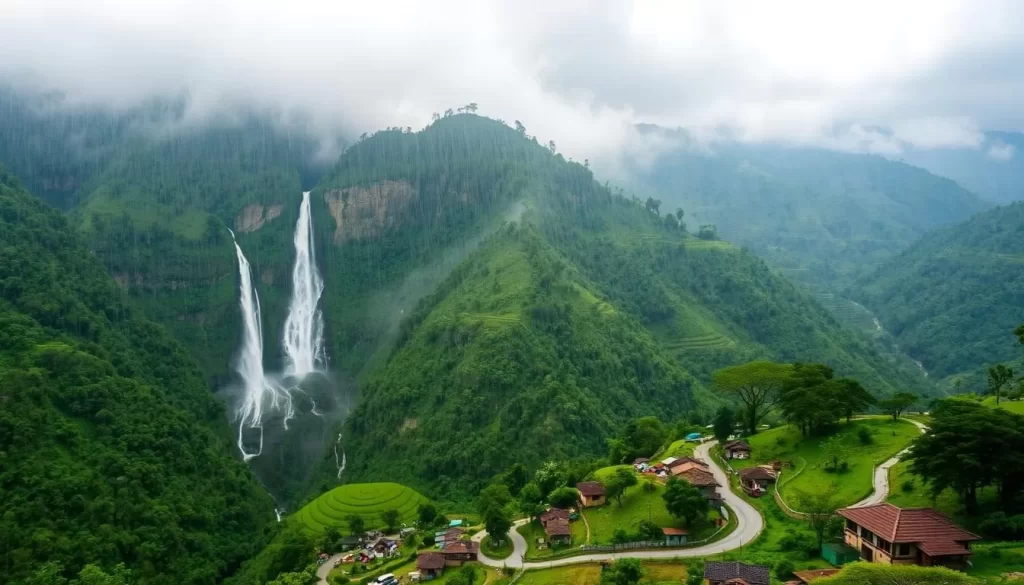 A lush, verdant landscape shrouded in a veil of shimmering rain. Towering waterfalls cascade down verdant cliffs, their mist-cloaked curtains illuminated by the soft glow of the overcast sky. In the foreground, a picturesque village nestled amidst the rolling hills, its thatched-roof homes and winding roads reflecting the essence of Meghalaya's monsoon magic. Rays of sunlight filter through the rain, casting a warm, ethereal light upon the scene. A sense of tranquility and wonder permeates the air, inviting the viewer to immerse themselves in the lush, rejuvenating embrace of the monsoon season.