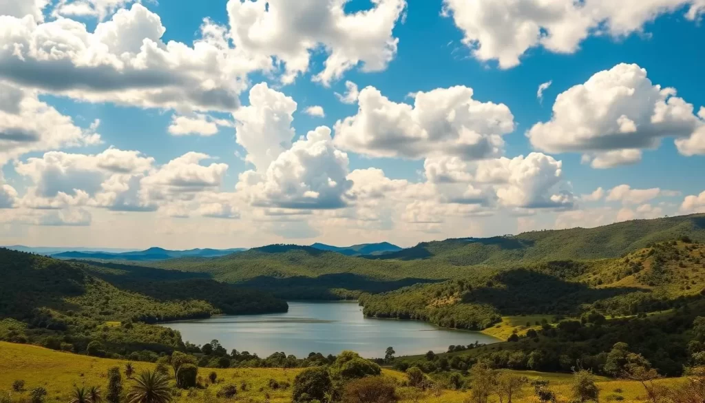 A lush, verdant landscape stretches out beneath a brilliant azure sky, dotted with fluffy cumulus clouds. In the center, a serene body of water shimmers, its surface reflecting the surrounding hills and forests. The camera is positioned at a medium distance, capturing the scope of the scene while highlighting the tranquil lake as the focal point. Bathed in warm, golden sunlight, the image exudes a sense of peaceful tranquility. The composition is balanced, with the lake nestled amidst the rolling hills and towering trees, creating a harmonious natural tableau. This is the breathtaking setting of Lake Manyara National Park, Tanzania.