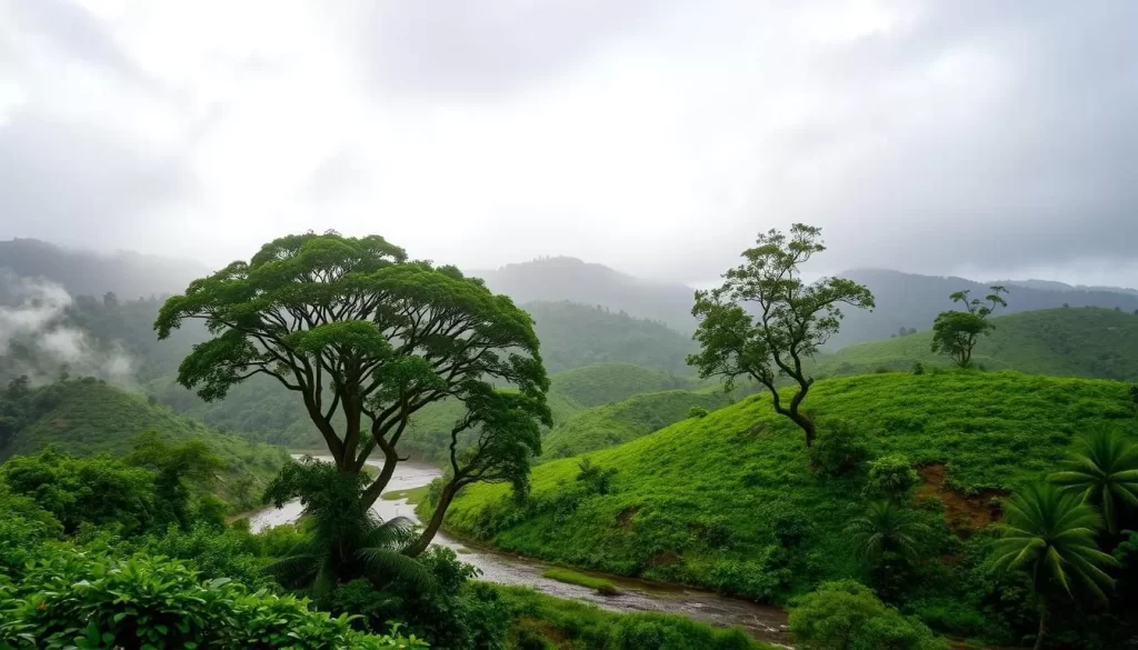 A lush, verdant landscape under a blanket of monsoon clouds. Rolling hills dotted with vibrant green foliage, their edges softened by the misty haze. In the foreground, a winding river snakes through the terrain, its surface rippling with the gentle patter of raindrops. Towering trees sway gently, their branches dripping with the season's abundant moisture. The sky is a dramatic tapestry of grays and whites, punctuated by the occasional burst of sunlight that filters through the cloud cover, casting a warm glow over the scene. The overall mood is one of tranquility and renewal, capturing the essence of Uttar Pradesh's distinct monsoon season.