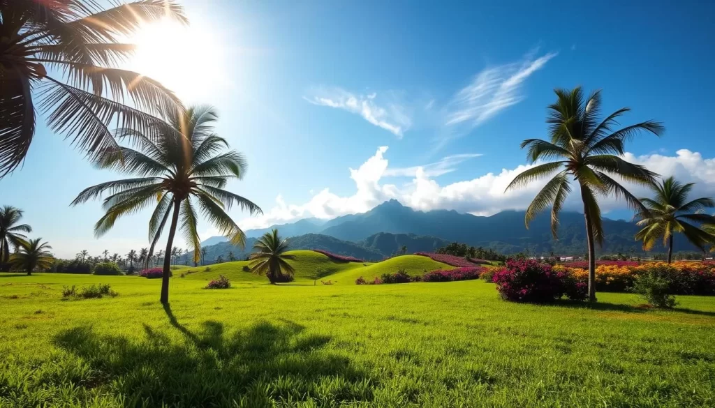 A lush, verdant landscape under a brilliant tropical sun. In the foreground, swaying palm trees cast long shadows across a vibrant, emerald-hued meadow. In the middle ground, rolling hills dotted with clusters of vibrant flora in shades of red, yellow, and purple. The background features dramatic, jagged mountains shrouded in wispy clouds, their peaks glistening in the warm light. The scene exudes a sense of tranquility and natural harmony, perfectly capturing the essence of Timor-Leste's tropical climate.