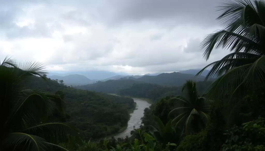 A lush, verdant landscape under a brooding monsoon sky. In the foreground, swaying palm trees and vibrant foliage create a sense of tropical abundance. The middle ground features a winding river or stream, its waters glistening with the gentle patter of rain. In the distance, rolling hills and mountains are shrouded in mist, adding an air of mystique. The lighting is soft and diffused, with pockets of sunlight peeking through the heavy cloud cover. The overall mood is one of tranquility and renewal, reflecting the rejuvenating power of the monsoon season in Karnataka, India.