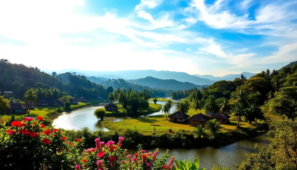 A lush, verdant landscape under a clear, azure sky. Sunlight filters through wispy clouds, casting a warm, golden glow over the rolling hills and dense forests of Tripura. In the foreground, a winding river reflects the serene scenery, its waters shimmering with the gentle ripples. Vibrant flowers bloom along the riverbanks, their petals swaying in the soft breeze. In the middle ground, traditional rural dwellings nestle amidst clusters of towering palm trees, their thatched roofs and colorful facades evoking the region's unique cultural heritage. The background features the silhouettes of distant mountains, their peaks shrouded in a hazy, atmospheric mist. The overall scene conveys a sense of tranquility, balance, and the natural beauty that characterizes Tripura's weather-blessed landscape.