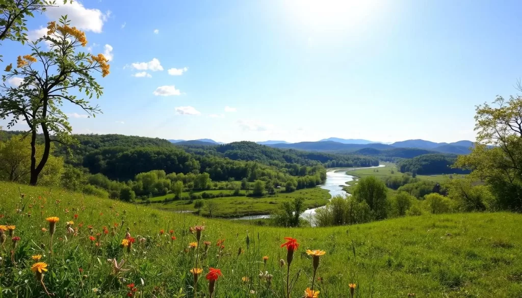 A lush, verdant landscape under a clear, sun-dappled sky, showcasing the diverse climate of Tennessee. In the foreground, a rolling meadow of vibrant wildflowers sways gently in a light breeze. The middle ground features a tranquil, meandering stream reflecting the surrounding trees, their leaves rustling in the gentle wind. In the distance, distant rolling hills and mountains rise up, their peaks bathed in warm, golden light. The scene conveys a sense of serene, natural beauty, capturing the essence of Tennessee's temperate, four-season climate.
