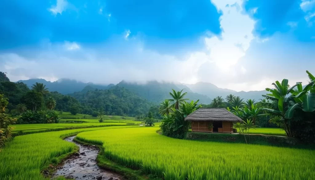 A lush, verdant landscape under a cloudy, monsoon sky. In the foreground, a winding stream meanders through vibrant green rice paddies, their leaves gently swaying in the warm, humid breeze. Towering mountain peaks rise in the distance, their slopes draped in a dense, misty veil. Sunlight filters through the cloud cover, casting a soft, diffused glow over the scene. A traditional bamboo hut nestled among the foliage adds a touch of rustic charm. The overall atmosphere evokes a sense of tranquility and the rejuvenating power of the monsoon season in Manipur.