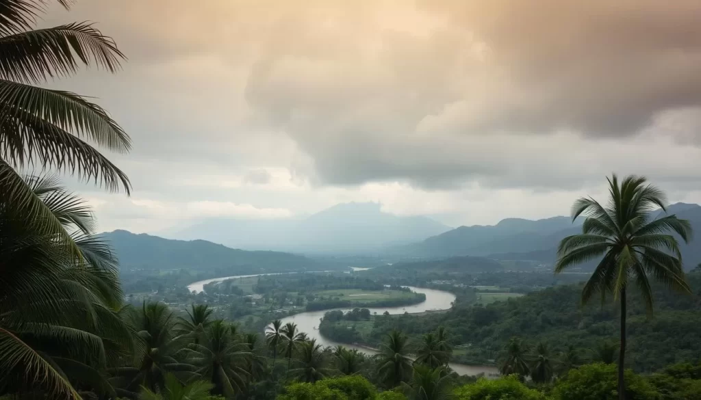 A lush, verdant landscape under a dramatic, rain-soaked sky. In the foreground, rows of swaying palm trees sway gently in the monsoon breeze, their fronds glistening with droplets. In the middle ground, a winding river snakes through the rolling hills, its surface disrupted by the patter of heavy raindrops. Towering, cloud-capped mountains rise in the distance, their peaks shrouded in a misty haze. Warm, diffused lighting bathes the scene, creating a moody, atmospheric ambiance. Shot with a wide-angle lens to capture the expansive, panoramic view. Convey the lush, tropical feel of the Kerala monsoon season.