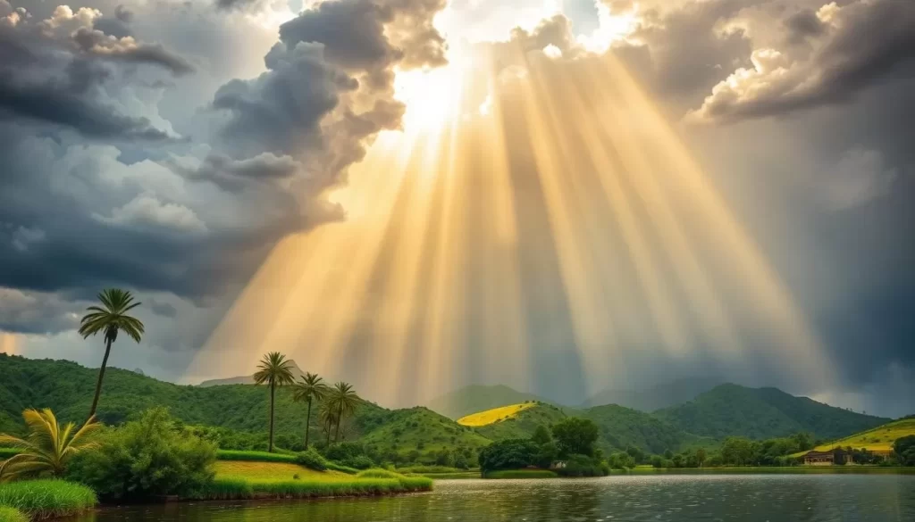 A lush, verdant landscape under a dramatic sky, with towering thunderclouds billowing overhead. Shafts of golden sunlight pierce through the dense, swirling mist, illuminating the rolling hills and swaying palm trees. In the foreground, a tranquil lake reflects the stormy heavens, its surface rippling with the gentle patter of falling rain. The air is thick with the earthy, petrichor scent of the monsoon, and the distant rumble of thunder echoes across the serene scene. Capture the raw power and rejuvenating essence of Arizona's summer storms in a stunning, photorealistic image.