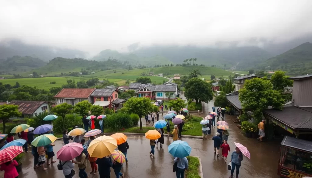 A lush, verdant landscape under a misty, overcast sky. In the foreground, people gather under colorful umbrellas, navigating puddle-dotted paths as they go about their daily activities. In the middle ground, traditional houses and shops line the streets, their vibrant facades contrasting with the subdued tones of the weather. In the distance, rolling hills rise, their slopes blanketed in a soft green hue. The scene exudes a sense of tranquility and community, capturing the essence of Pingtung County's wet season. Diffused, natural lighting illuminates the scene, lending a gentle, atmospheric quality. A wide-angle lens provides a comprehensive view, drawing the viewer into the serene, rain-kissed world.