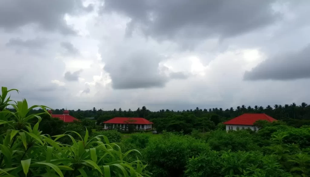 A lush, verdant landscape under a moody, overcast sky in Puducherry during the monsoon season. In the foreground, vibrant green foliage rustles in a gentle breeze, while in the middle ground, traditional colonial-era architecture stands tall, its terracotta roofs contrasting with the gray clouds above. Pockets of sunlight break through the cloudcover, casting a warm, atmospheric glow over the scene. The overall mood is one of tranquility and serenity, with the impending rain adding a sense of anticipation to the air.