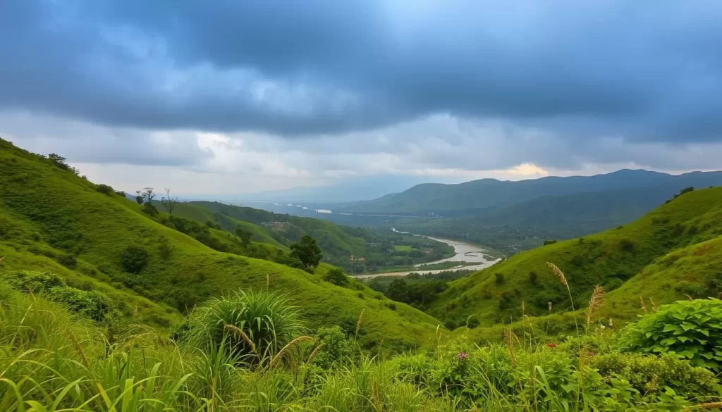 A lush, verdant landscape under a moody, overcast sky. In the foreground, rolling hills dotted with vibrant green foliage, their slopes glistening with the recent rainfall. Tall, swaying grasses and scattered wildflowers add texture and movement. In the middle ground, a winding river snakes through the valley, its surface mirroring the shifting clouds above. Distant mountains rise up, their peaks shrouded in a soft, atmospheric haze. The scene is bathed in a warm, diffused light, creating a sense of tranquility and serenity. This is the essence of the Indian monsoon, a season of renewal and abundance.
