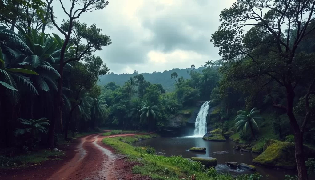 A lush, verdant landscape under a moody, overcast sky. Towering rain-soaked trees line winding dirt paths, their leaves glistening with droplets. In the distance, a cascading waterfall plunges into a serene pond, surrounded by vibrant flora and mossy boulders. The air is thick with the earthy scent of petrichor, as raindrops patter softly on the ground. Beams of diffused sunlight break through the clouds, casting a warm, ethereal glow across the tranquil scene. A sense of rejuvenation and wonder permeates the Chhattisgarh monsoon landscape.