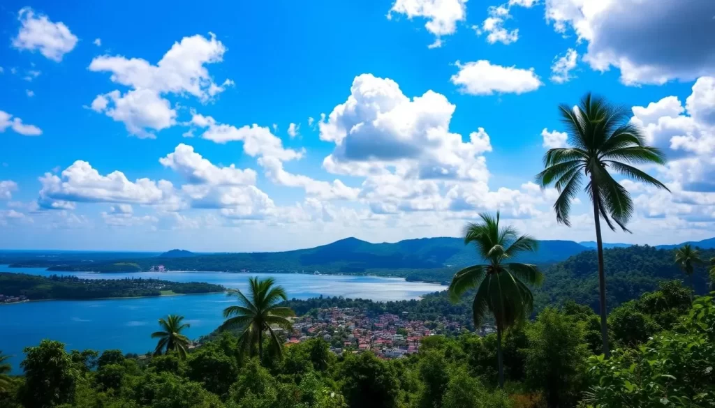 A lush, verdant landscape under a vibrant azure sky, with fluffy white clouds gently drifting overhead. In the foreground, a picturesque town nestled along the shores of a vast, shimmering lake, its calm waters reflecting the surrounding natural beauty. Towering palm trees sway in the gentle breeze, casting dappled shadows across the tranquil scene. In the middle ground, rolling hills and verdant forests frame the town, hinting at the diverse and bountiful nature that surrounds Kisumu. The overall atmosphere conveys a sense of warmth, serenity, and the perfect setting for exploring the delights of this captivating Kenyan city.