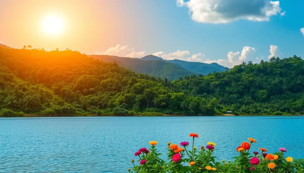 A lush, verdant landscape under a warm, golden sun, with rolling hills and dense, tropical foliage in the distance. In the foreground, a serene lake reflects the azure sky, its waters gently lapping against the shore. Vibrant, colorful flowers dot the scene, adding pops of vibrant hues. The atmosphere is one of tranquility and natural harmony, capturing the essence of Tamil Nadu's unique and diverse climate.