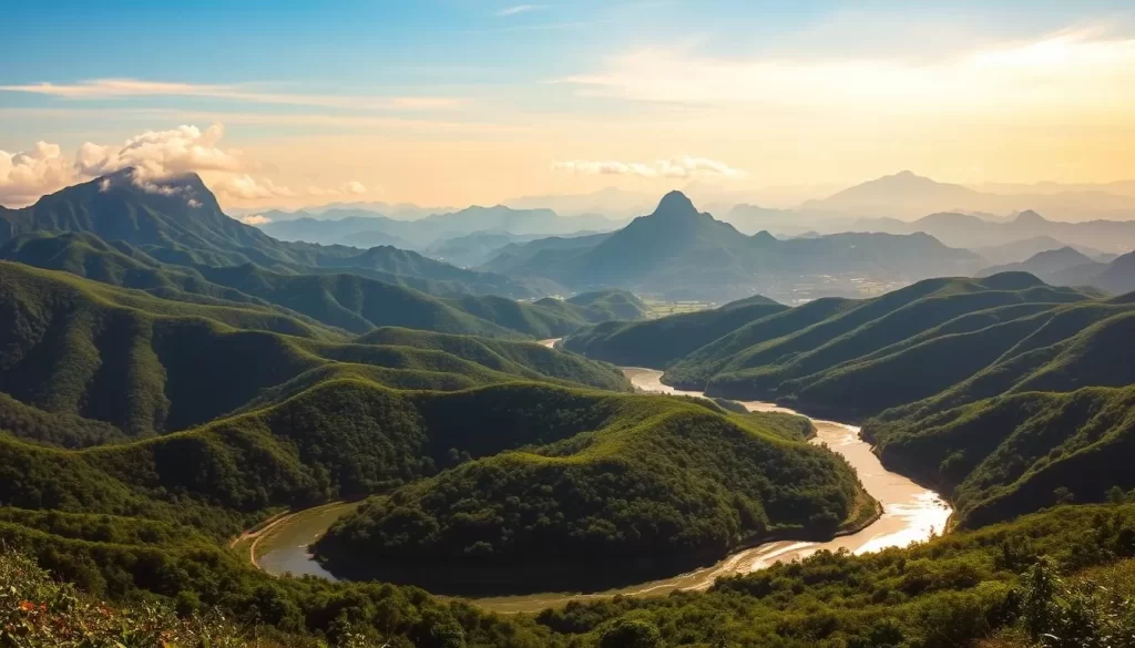 A lush, verdant landscape unfolds across the rolling hills of Taitung County, Taiwan. In the foreground, a winding river sparkles under the warm, golden sunlight, its banks lined with vibrant greenery. The middle ground reveals towering, craggy mountains, their peaks capped with wispy clouds. In the distance, a panoramic vista of rugged peaks and verdant valleys stretches to the horizon. The scene exudes a sense of tranquility and natural beauty, inviting the viewer to immerse themselves in the serene splendor of Taiwan's hidden gem.