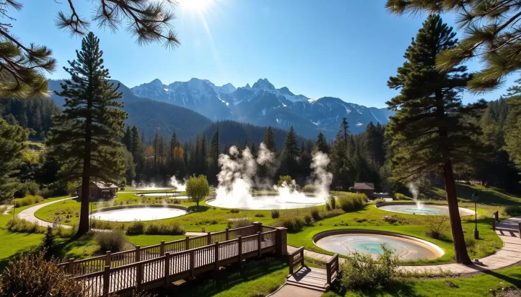 A lush, verdant landscape unfolds before a majestic mountain range, its peaks capped with a dusting of snow. In the foreground, a series of natural hot springs bubble and steam, their mineral-rich waters a soothing contrast to the crisp, clear air. Wooden bridges and paths wind through the serene setting, inviting visitors to explore the tranquil oasis. Sunlight filters through the canopy of towering pines, casting a warm glow over the scene. The overall mood is one of peaceful relaxation, capturing the essence of America's first national reservation, Hot Springs National Park.