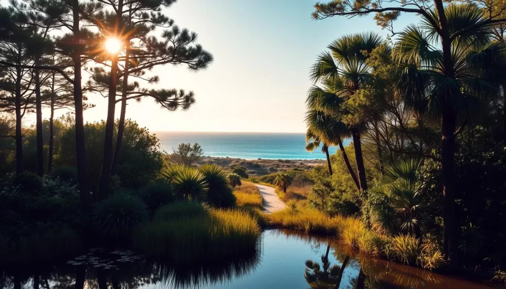 A lush, verdant landscape unfolds in Gulf State Park, where diverse ecosystems thrive under a warm, golden sun. In the foreground, a tranquil pond reflects the towering pine trees and swaying palms that line its banks, inviting visitors to immerse themselves in the park's natural beauty. The middle ground reveals a meandering trail, winding through a tapestry of native flora, encouraging exploration and discovery. In the distance, rolling dunes and the shimmering azure waters of the Gulf of Mexico create a serene, picturesque backdrop, capturing the essence of this coastal haven. Crisp, high-resolution photography with a wide-angle lens, showcasing the park's diverse landscapes in a captivating and inviting manner.
