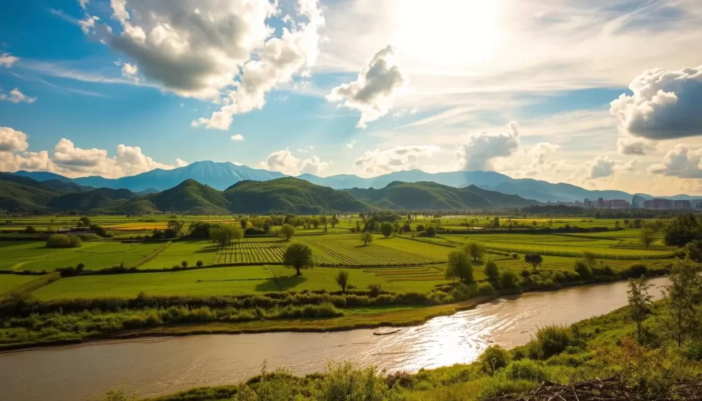 A lush, verdant landscape unfolds in Gyeonggi Province, South Korea, where the climate is a harmonious blend of seasons. In the foreground, a meandering river reflects the soft, golden light of the sun, its gentle current glistening. Towering mountains rise in the distance, their peaks capped with a dusting of snow, hinting at the region's diverse topography. Sprawling rice paddies and neatly tended orchards occupy the middle ground, showcasing the province's agricultural abundance. The sky above is a radiant azure, dotted with fluffy white clouds that cast dynamic shadows across the lush, verdant terrain. This serene, picturesque scene captures the essence of Gyeonggi Province's captivating climate, inviting the viewer to experience the natural beauty of this remarkable region.