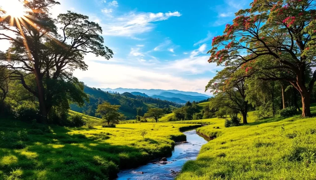 A lush, verdant landscape unfolds in Tripura, where rolling hills and meandering rivers create a picturesque scene. Sunlight filters through wispy clouds, casting a warm, golden glow on the vibrant foliage. In the foreground, a tranquil stream winds its way through the verdant undergrowth, its gentle ripples reflecting the azure sky above. Towering trees, their branches adorned with vibrant blossoms, fill the middle ground, creating a serene and inviting atmosphere. In the distance, the silhouettes of distant mountains rise majestically, their peaks shrouded in a hazy mist, lending an air of mystery and wonder to the scene. This pristine and unspoiled natural wonder captures the essence of Tripura, a northeastern gem waiting to be discovered.