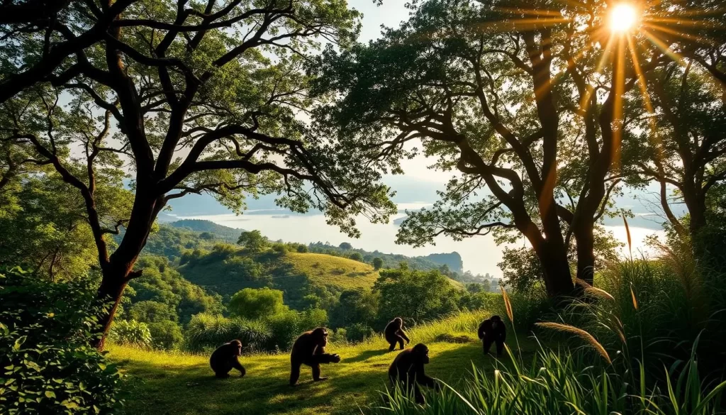 A lush, verdant landscape unfolds in the heart of Gombe Stream National Park, Tanzania. Towering canopy trees cast dappled sunlight onto the forest floor, where chimpanzees roam freely, their playful antics captured by a high-resolution telephoto lens. In the distance, the shimmering waters of Lake Tanganyika stretch out, framed by rolling hills and the rhythmic sway of tall grasses. Rays of warm light illuminate the scene, conveying a serene, timeless atmosphere that reflects the park's rich history as the site of Jane Goodall's pioneering research on chimpanzee behavior.