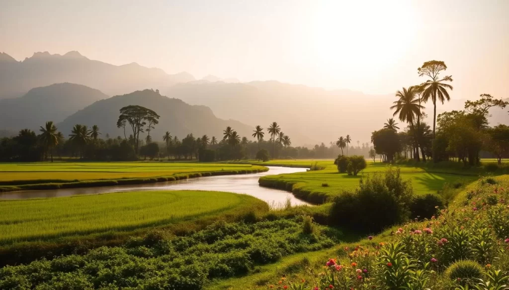 A lush, verdant landscape unfolds under the golden rays of a summer sun in Manipur. In the foreground, a tranquil river winds its way through vibrant green fields, dotted with clusters of colorful wildflowers. Towering, mist-shrouded mountains rise majestically in the background, their peaks bathed in a warm, hazy glow. Tall, swaying trees line the riverbanks, casting gentle, dappled shadows across the serene scene. The air is filled with the sweet fragrance of blossoming flora and the cheerful calls of birds. This idyllic, sun-drenched tableau captures the essence of Manipur's captivating summer landscape, a true haven for the senses.
