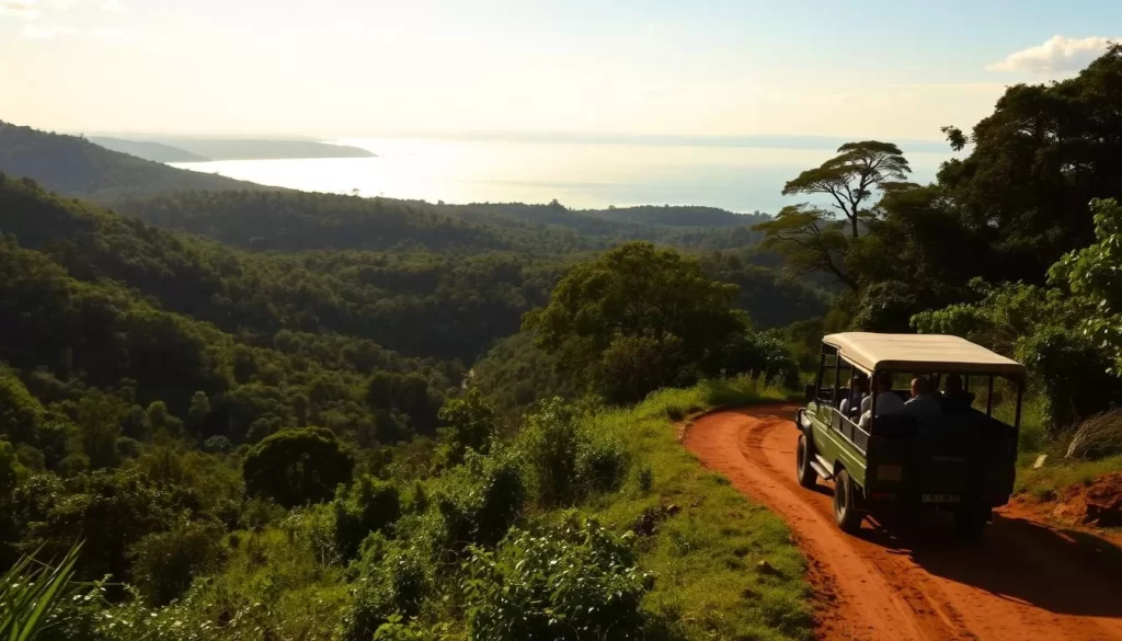 A lush, verdant landscape unfolds, where the Gombe National Park nestles amidst the rolling hills of Tanzania. In the foreground, a safari vehicle navigates the winding path, its passengers eager to catch a glimpse of the park's renowned chimpanzee inhabitants. The middle ground reveals a dense, primordial forest, its canopy filtering the warm, golden light. In the distance, the majestic Lake Tanganyika glistens, its shores framed by the silhouettes of towering trees. The atmosphere is one of tranquility and wonder, inviting visitors to embark on an unforgettable journey of discovery and connection with the natural world.