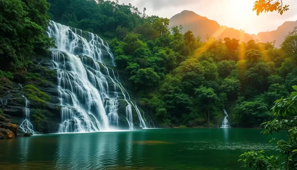 A lush, verdant landscape with cascading waterfalls tumbling down rocky cliffs, surrounded by towering mountains and dense, verdant forests. Sunlight filters through the trees, casting a warm, golden glow on the flowing water. The cascades sparkle and glisten, creating a mesmerizing display of nature's power and beauty. In the foreground, a tranquil pool reflects the surrounding foliage, creating a serene and peaceful atmosphere. The entire scene evokes the vibrant, rejuvenating energy of the monsoon season in Maharashtra, India.