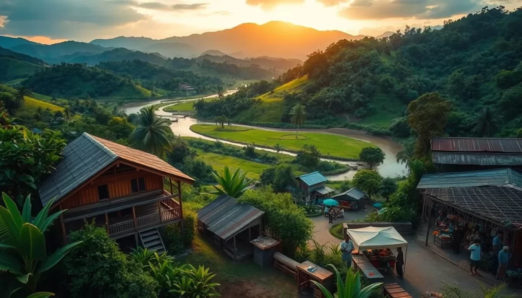 A lush, verdant landscape with rolling hills and winding rivers in the historic state of Kedah, Malaysia. In the foreground, a traditional wooden stilt house nestled amidst vibrant tropical foliage. In the middle ground, a bustling marketplace with local vendors selling fresh produce and handcrafted goods. In the background, the majestic peaks of the Gunung Jerai mountain range, bathed in warm, golden sunlight. The scene evokes a sense of tranquility and timeless charm, capturing the essence of Kedah's historic heartland.