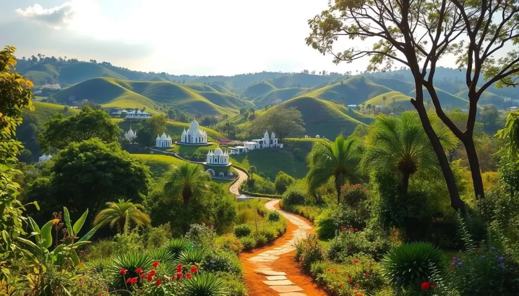A lush, verdant landscape with rolling hills in the background, dotted with distinctive white buildings and architectural structures. In the foreground, a winding path leads through a vibrant garden, adorned with colorful flowers and thriving vegetation. Sunlight filters through the canopy of trees, casting a warm, golden glow over the scene. The overall atmosphere is one of tranquility, harmony, and a sense of being in a unique, self-sustaining community. Capture this serene and picturesque geographical setting of Auroville, a fascinating intentional community in Tamil Nadu, India.