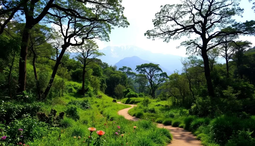 A lush, verdant landscape with towering Himalayan peaks in the distance, sunlight filtering through the canopy of ancient trees, revealing a diverse array of flora and fauna. In the foreground, a winding trail meanders through the undergrowth, leading the viewer deeper into the heart of Shivapuri Nagarjun National Park. Vibrant wildflowers dot the ground, and the calls of exotic birds echoing through the tranquil atmosphere. The scene conveys a sense of serene natural wonder, inviting the viewer to explore and immerse themselves in the park's rich biodiversity.
