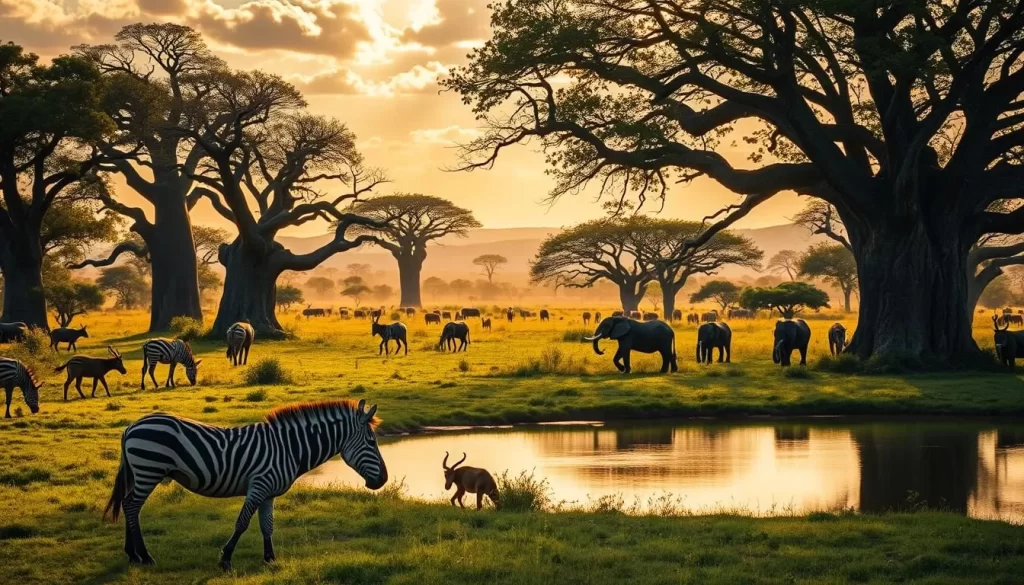 A lush, verdant landscape with towering baobab trees casting gentle shadows across the sun-dappled savanna. A tranquil watering hole reflects the golden hues of the sky, providing a serene focal point for photographers. In the foreground, a group of curious zebras graze peacefully, their striped coats glistening in the warm, diffused light. The middle ground features a herd of grazing antelope, their graceful movements captured through a telephoto lens. In the distance, the silhouettes of majestic elephants can be seen, their massive frames silhouetted against the horizon. The overall scene exudes a sense of timelessness and natural harmony, inviting the viewer to step into the heart of Fosse aux Lions National Park.