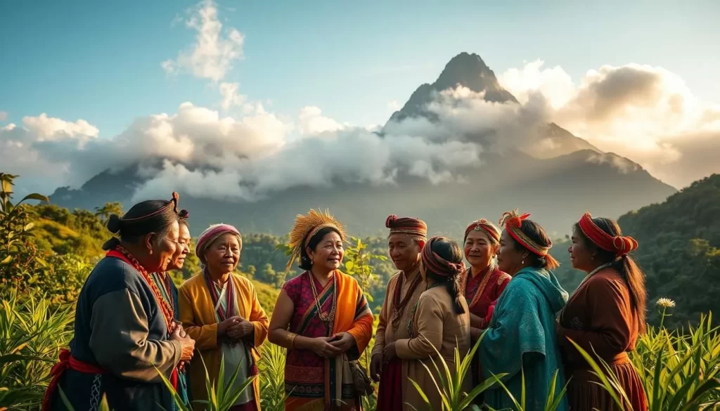 A lush, verdant landscape with towering mountains in the background, shrouded in misty clouds. In the foreground, a group of indigenous people from different Formosan ethnic groups gather, engaged in a vibrant cultural exchange. They wear traditional garments and adornments, their faces animated as they converse in their native tongues. The scene is bathed in warm, golden sunlight, casting a serene and inviting atmosphere. The composition captures the rich diversity and enduring heritage of these indigenous Formosan languages, celebrated against the stunning natural backdrop of Miaoli County, Taiwan.