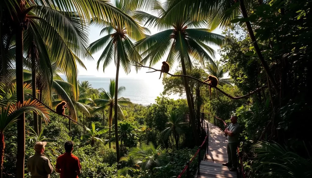 A lush, verdant landscape with towering palm trees and vibrant foliage. In the foreground, a group of people in safari attire observe a family of rare, endangered red colobus monkeys perched in the branches. The middle ground features a wooden boardwalk trail winding through the dense, tropical undergrowth. In the background, the shimmering waters of Jozani-Chwaka Bay reflect the cloudless, azure sky. Warm, golden sunlight filters through the canopy, casting a serene, natural ambiance over the conservation efforts unfolding within this protected national park.