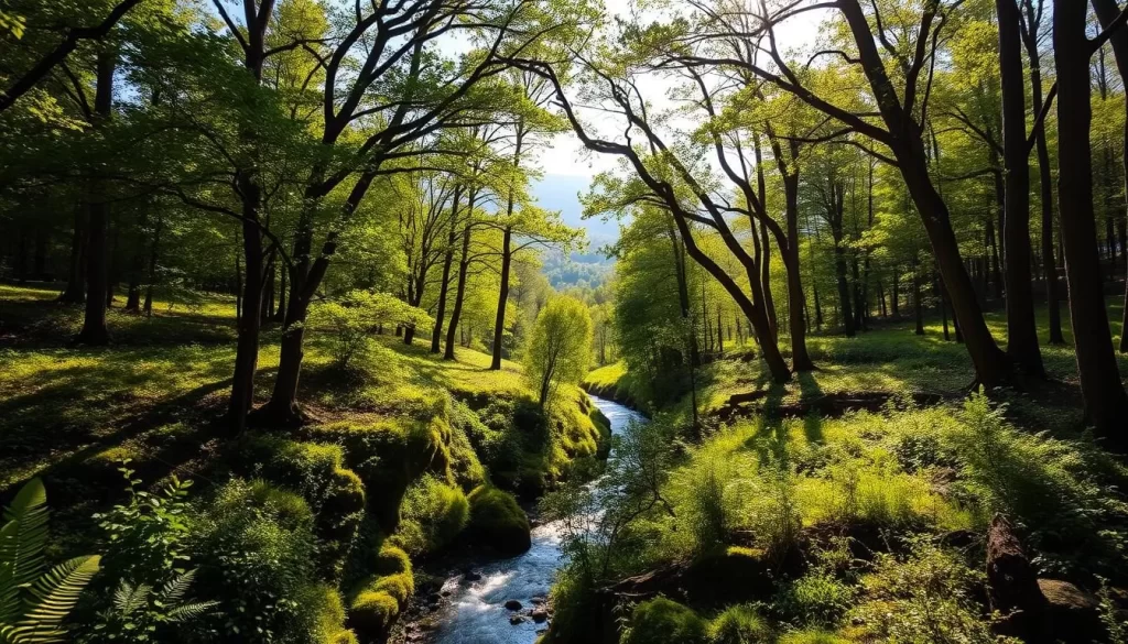 A lush, verdant longoz forest in İğneada, Turkey, on a warm, sunny day. The canopy of tall, leafy trees filters the golden sunlight, casting a dappled pattern on the forest floor below. In the foreground, a winding river or stream flows gently, its banks lined with vibrant green vegetation. The middle ground reveals a diverse array of flora, including ferns, mosses, and shrubs, creating a rich, textured underbrush. In the background, the forest extends deep into the distance, hazy blue mountains visible on the horizon. The scene exudes a serene, tranquil atmosphere, inviting the viewer to immerse themselves in the beauty and uniqueness of the longoz ecosystem.