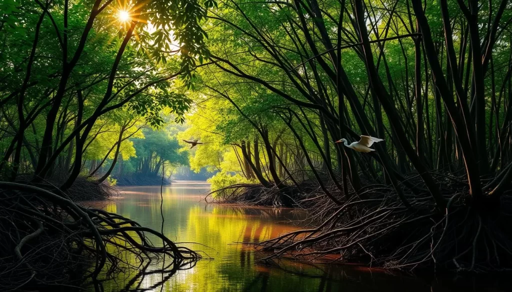 A lush, verdant mangrove forest in the Sundarbans, with towering trees and winding waterways. Sunlight filters through the canopy, casting a warm, golden glow across the scene. In the foreground, a network of intricate roots and branches create a mesmerizing tapestry, while in the distance, the silhouettes of egrets and other birds can be seen taking flight. The still, reflective waters mirror the forest, creating a sense of tranquility and balance. The atmosphere is serene and captivating, inviting the viewer to explore this unique and well-preserved ecosystem.