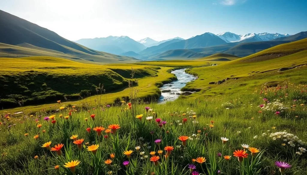 A lush, verdant meadow in Kyrgyzstan, with vibrant wildflowers blooming in the foreground. In the middle ground, a babbling brook winds its way through the landscape, its waters sparkling in the warm, golden sunlight. In the background, rolling hills and snow-capped peaks rise majestically, creating a breathtaking panoramic view. The scene exudes a sense of tranquility and renewal, as nature awakens from its winter slumber. The overall mood is one of serene, peaceful harmony, capturing the essence of spring in this stunning Central Asian country.