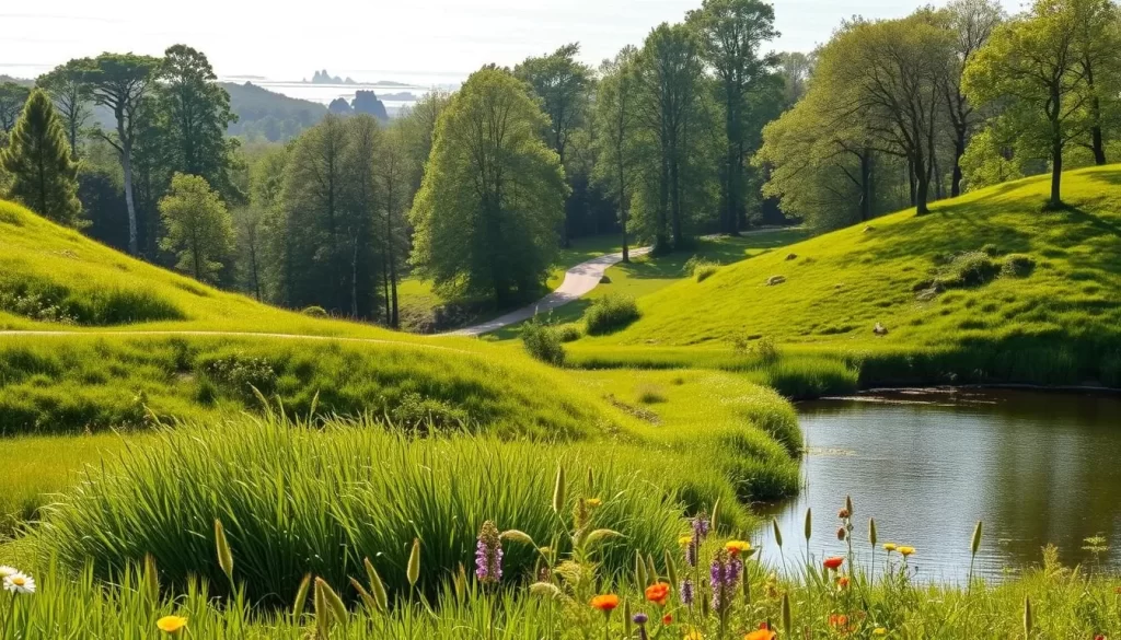 A lush, verdant nature reserve along the Belgian coast, with rolling hills and a tranquil lake in the foreground. Tall, swaying grasses and vibrant wildflowers dot the landscape, their colors reflecting in the still waters. In the middle ground, a pathway winds through a dense forest of towering oaks and birches, their leaves dappling the sunlight that filters through. The background is dominated by a rugged, rocky coastline, where the waves of the North Sea crash against the shore. The scene is bathed in a warm, golden glow, creating a serene and inviting atmosphere.