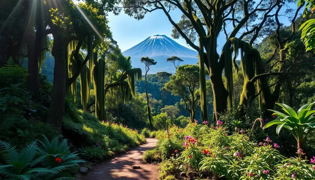 A lush, verdant rainforest clings to the slopes of Mount Kenya, a majestic peak towering in the distance. Sunlight filters through the dense canopy, casting a warm glow on the diverse flora below. In the foreground, a winding trail winds through ferns, mosses, and vibrant wildflowers, inviting the viewer to embark on a peaceful nature walk. The middle ground features towering trees draped with vines and epiphytes, creating a sense of depth and mystery. In the background, the rugged silhouette of Mount Kenya stands sentinel, its snow-capped summit reaching towards the heavens. An atmosphere of tranquility and wonder pervades the scene, capturing the essence of the diverse ecosystems found within Mount Kenya National Park.