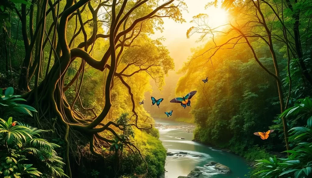 A lush, verdant rainforest in Danum Valley, Malaysia, bathed in warm, golden sunlight filtering through the dense canopy. Towering emerald trees with twisted roots and vines creep along the forest floor, creating a sense of ancient, untamed wilderness. In the foreground, a winding river meanders through the undergrowth, its crystal-clear waters reflecting the vibrant hues of the surrounding foliage. Exotic birds and butterflies flit among the branches, adding to the serene, natural atmosphere. The scene conveys a sense of tranquility and adventure, inviting the viewer to immerse themselves in the beauty and wonder of this untouched tropical paradise.