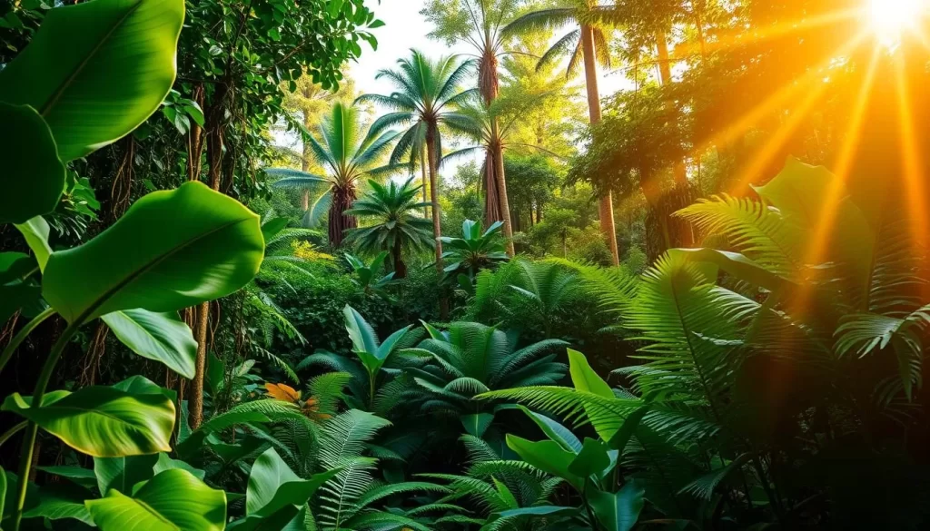A lush, verdant rainforest scene filled with a diverse array of tropical plants and foliage. In the foreground, large, glossy-leaved elephant ear plants and towering ferns frame the view. Beyond them, a tangle of vines, ferns, and broad-leafed flora create a dense, jungle-like middle ground. In the background, the canopy of tall, vibrant green trees stretches up towards a bright, sun-dappled sky. Beams of warm, golden light filter through the foliage, casting a natural, ambient glow over the scene. Capture the essence of a thriving, biodiverse rainforest ecosystem in all its lush, verdant glory.