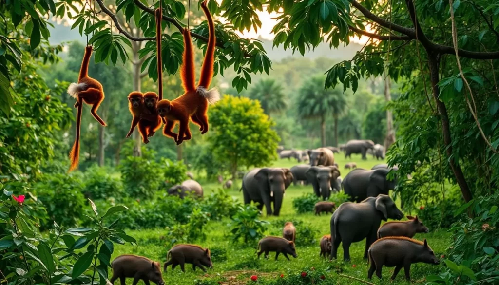 A lush, verdant rainforest teeming with vibrant wildlife in Jozani-Chwaka Bay National Park, Tanzania. In the foreground, a troupe of playful red colobus monkeys swinging gracefully from the canopy, their distinctive long tails and flowing white mantles on full display. In the midground, a family of warthogs forages in the undergrowth, their comical antics creating a sense of natural wonder. In the background, a herd of elephants emerges from the dense foliage, their majestic forms silhouetted against a warm, golden-hour sky. The scene is bathed in a soft, diffused light, capturing the tranquility and biodiversity of this remarkable protected area.