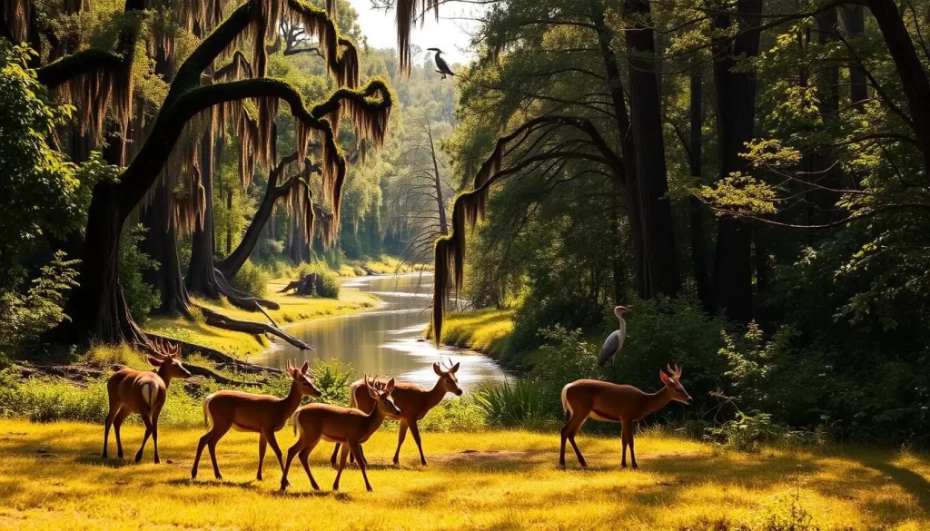 A lush, verdant scene in Congaree National Park, filled with the vibrant life of its wildlife. In the foreground, a family of white-tailed deer graze peacefully, their graceful movements captured in natural light. The middle ground reveals a winding creek, its waters reflecting the dappled sunlight filtering through the towering cypress and tupelo trees. In the background, a great blue heron stands sentry, its long neck poised, ready to strike at unseen prey. The warm, earthy tones of the landscape create a serene, tranquil atmosphere, inviting the viewer to immerse themselves in the untamed beauty of this remarkable wilderness.