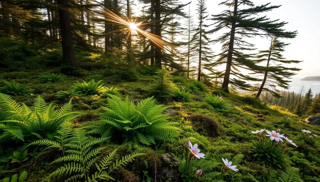 A lush, verdant scene in Quoddy Head State Park, Maine, capturing the unique and diverse plant life flourishing in the coastal region. In the foreground, vibrant ferns and mosses carpet the forest floor, contrasted by the towering evergreen trees that form the middle ground. Rays of warm, golden sunlight filter through the canopy, casting a serene glow and illuminating the intricate textures of the foliage. Delicate wildflowers, in shades of pink and purple, dot the scene, adding pops of color to the tranquil composition. The background gradually fades into a hazy, atmospheric distance, hinting at the expansive wilderness beyond. This natural wonder, captured with a crisp, high-resolution lens, invites the viewer to immerse themselves in the captivating beauty of Quoddy Head's unique plant life.