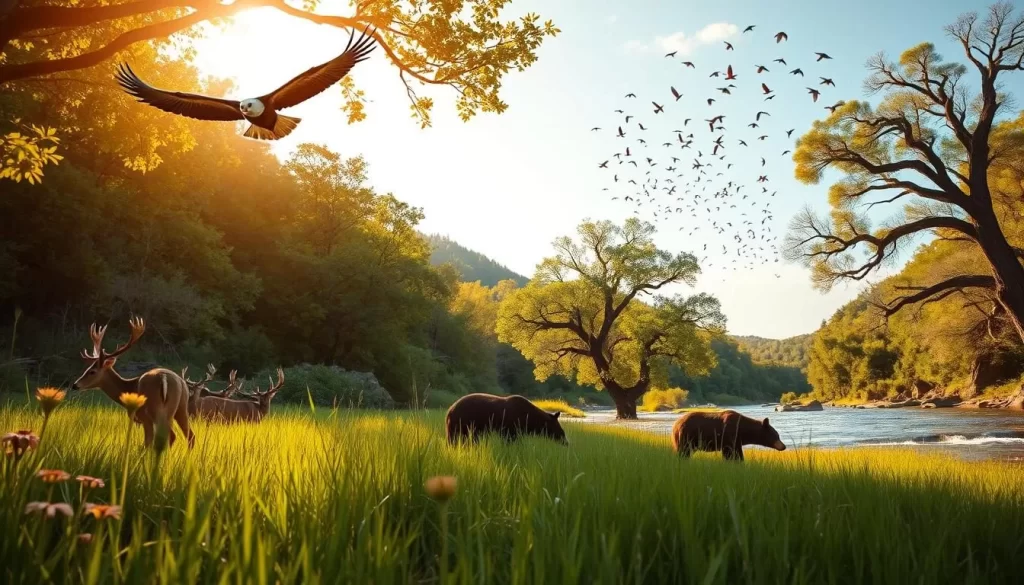 A lush, verdant scene of Little River Canyon's diverse wildlife. In the foreground, a family of whitetail deer grazes peacefully amidst the tall grass and wildflowers. Overhead, a majestic bald eagle soars, its impressive wingspan silhouetted against the bright, azure sky. In the middle ground, a black bear ambles along the banks of the gently flowing river, pausing to drink from the cool, crystal-clear waters. In the distance, a flock of vibrant-hued songbirds dart through the canopy of ancient oak and pine trees. Warm, golden sunlight filters through the leaves, casting a serene, natural glow across the idyllic scene.