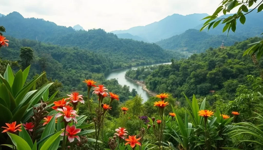 A lush, verdant scene of Similajau National Park, Malaysia, teeming with diverse flora and fauna. In the foreground, vibrant tropical plants and flowers sway gently in a warm breeze. The middle ground reveals a winding river, its calm waters reflecting the surrounding canopy of towering trees. In the background, rugged hills and mountains rise up, their slopes covered in a dense, emerald-hued forest. The lighting is soft and diffused, creating a serene, tranquil atmosphere that invites the viewer to immerse themselves in the park's remarkable biodiversity. Capture this natural haven in a high-resolution, photorealistic image.