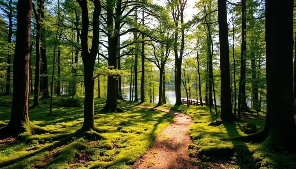 A lush, verdant scene of the ancient Bialowieza Forest in spring. The dappled sunlight filters through the towering oak and pine trees, casting a warm glow across the mossy forest floor. In the middle ground, a winding path meanders through the undergrowth, inviting the viewer to explore. In the background, a glimpse of a tranquil lake reflects the surrounding foliage. The overall atmosphere is one of serenity and timelessness, perfectly capturing the essence of the best time to visit this enchanting Polish wilderness.