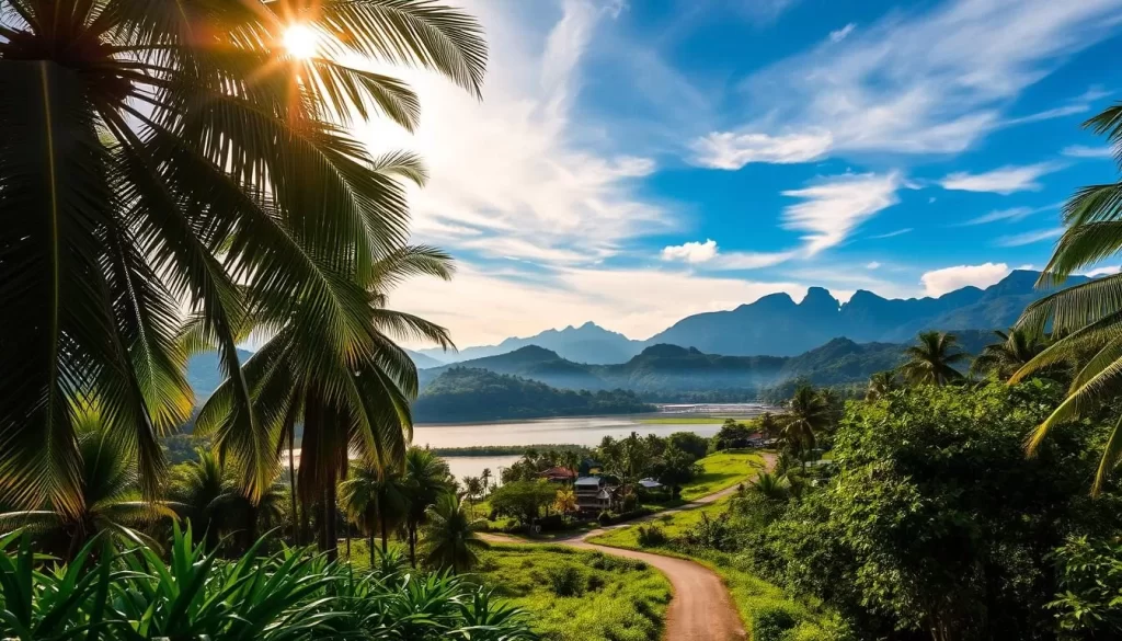 A lush, verdant tropical landscape under a warm, golden sun. In the foreground, swaying palm trees cast gentle shadows on the vibrant green foliage below. A winding path leads the eye towards a tranquil lake, its surface reflecting the azure sky dotted with wispy clouds. In the middle ground, a quaint village nestled among the rolling hills, its traditional wooden houses bathed in the soft, diffused light. The background is dominated by towering, mist-shrouded mountains, their peaks piercing the horizon. The overall scene conveys the serene, idyllic atmosphere of Malaysia's tropical climate.