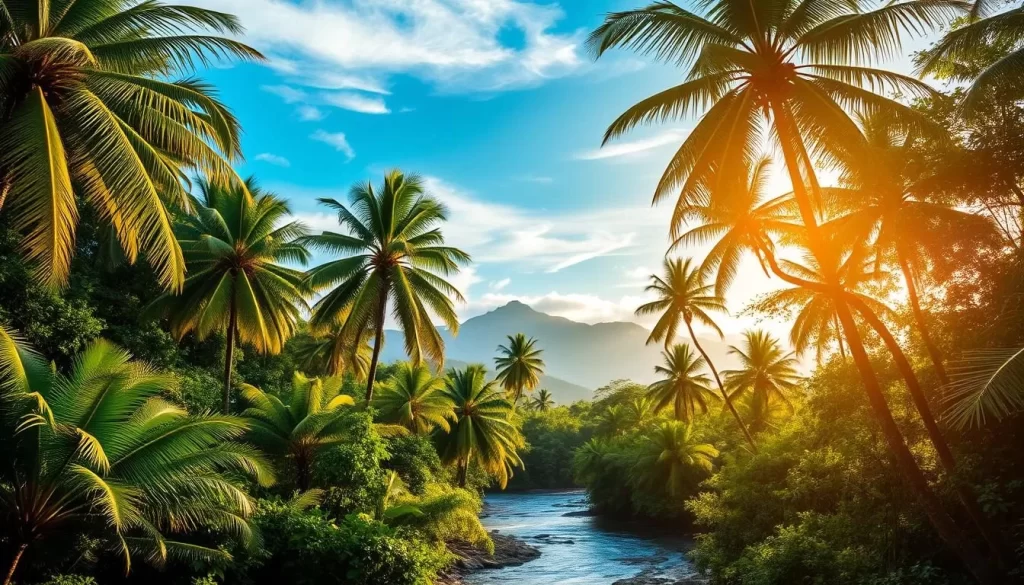 A lush, verdant tropical paradise in Sabah, Malaysia. Towering palm trees sway gently in the warm breeze, their fronds casting dappled shadows on the sun-dappled forest floor below. A crystal-clear stream winds its way through the landscape, its waters reflecting the azure sky above. In the distance, majestic mountains rise up, their peaks shrouded in wispy clouds. The air is filled with the chirping of exotic birds and the buzzing of colorful insects. Warm, golden light filters through the canopy, imbuing the scene with a serene, tranquil atmosphere. This is a lush, vibrant tropical oasis, a true gem of Sabah's natural beauty.